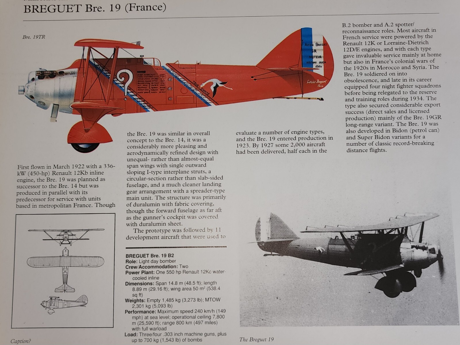 Breguet Bre 19 Aircraft Picture Out of Print Article Spec Sheet Wall Art Decor