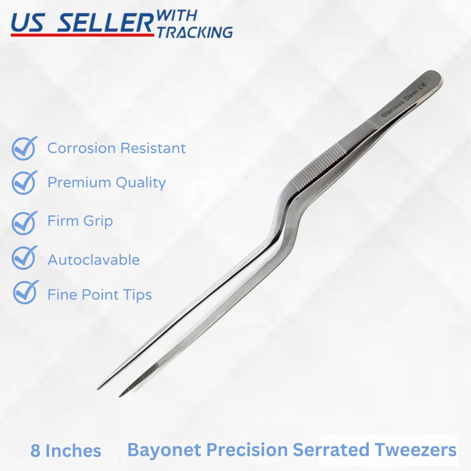 8" Precision Offset Lab Tweezers/Forceps Stainless Steel Serrated Fine Point Tip