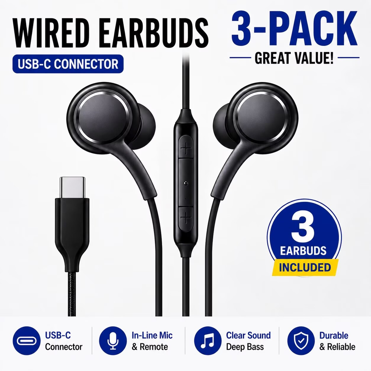 3 Pack USB-C Wired Earbuds Headphones w/Mic for Samsung Galaxy S10 S20 iPhone 15