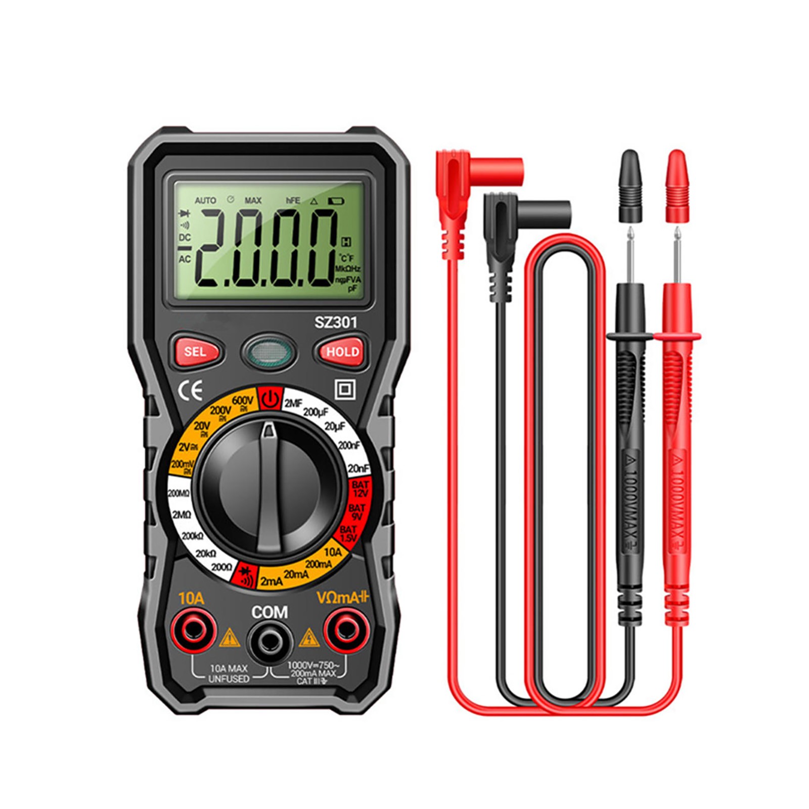 Versatile Digital Multimeter w Test Leads Measures Volt Amp Ohm Capacitance