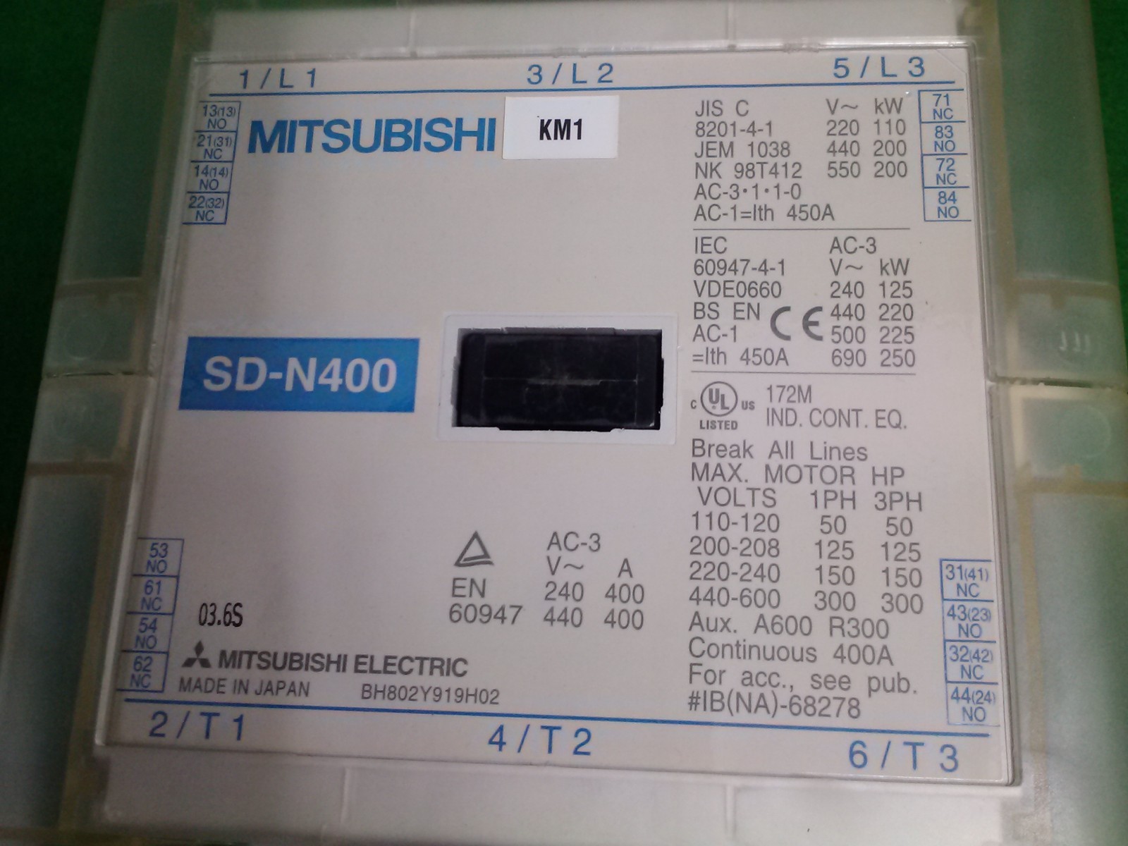 MITSUBISHI SD-N400 CONTACTOR, USED