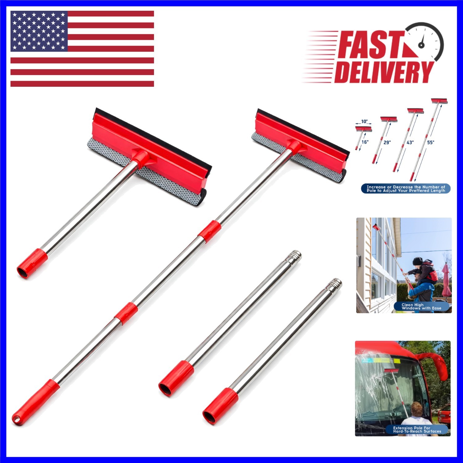 2-in-1 Window Squeegee with 55" Extension for Effortless Cleaning