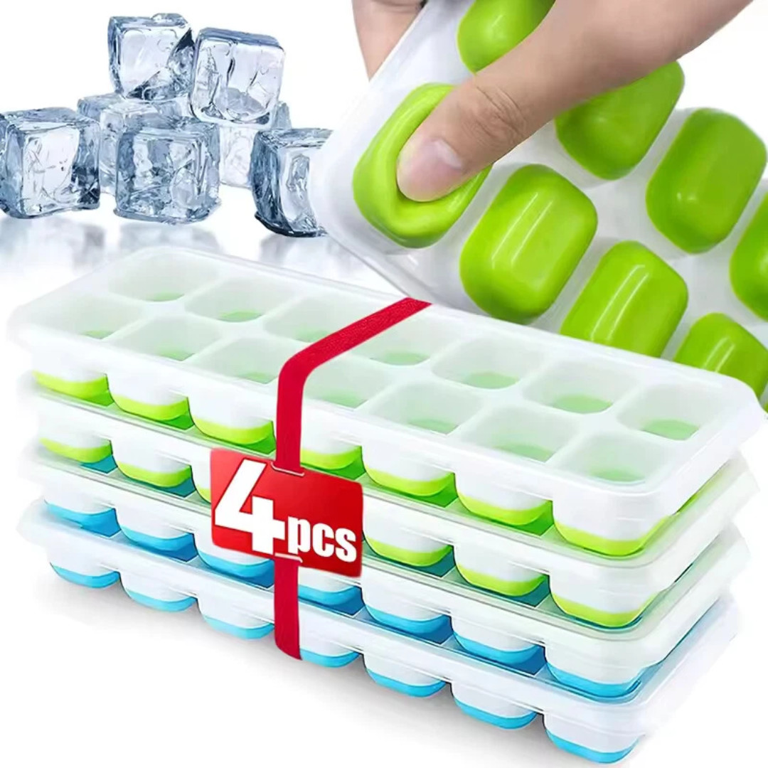 Ice Cube Tray, 4 Pack Silicone Ice Tray, 14 Ice Cube Molds with Lids, Stackable