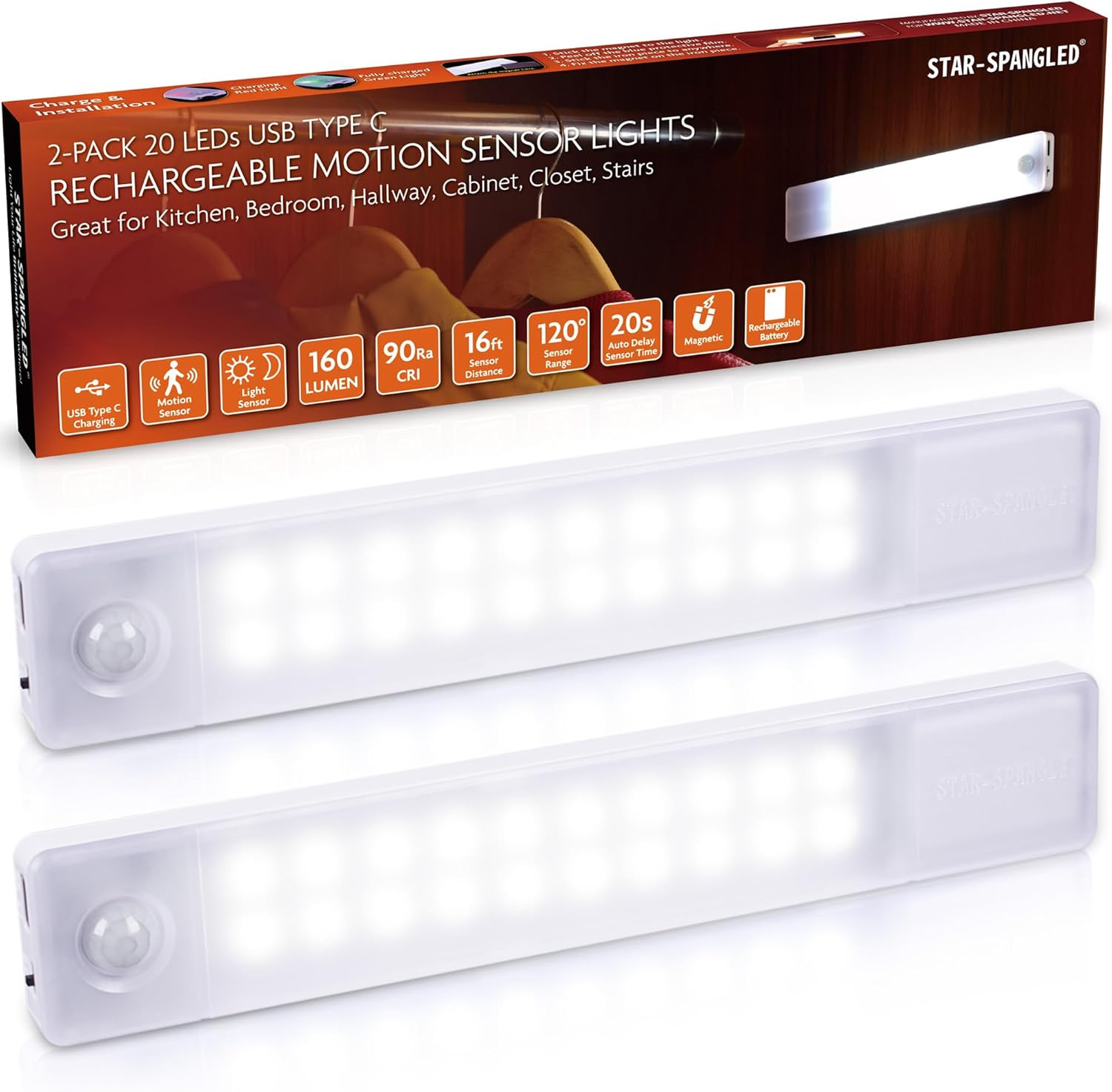 STAR-SPANGLED under Cabinet Lighting Rechargeable, 8 Inch Motion Sensor Lights I