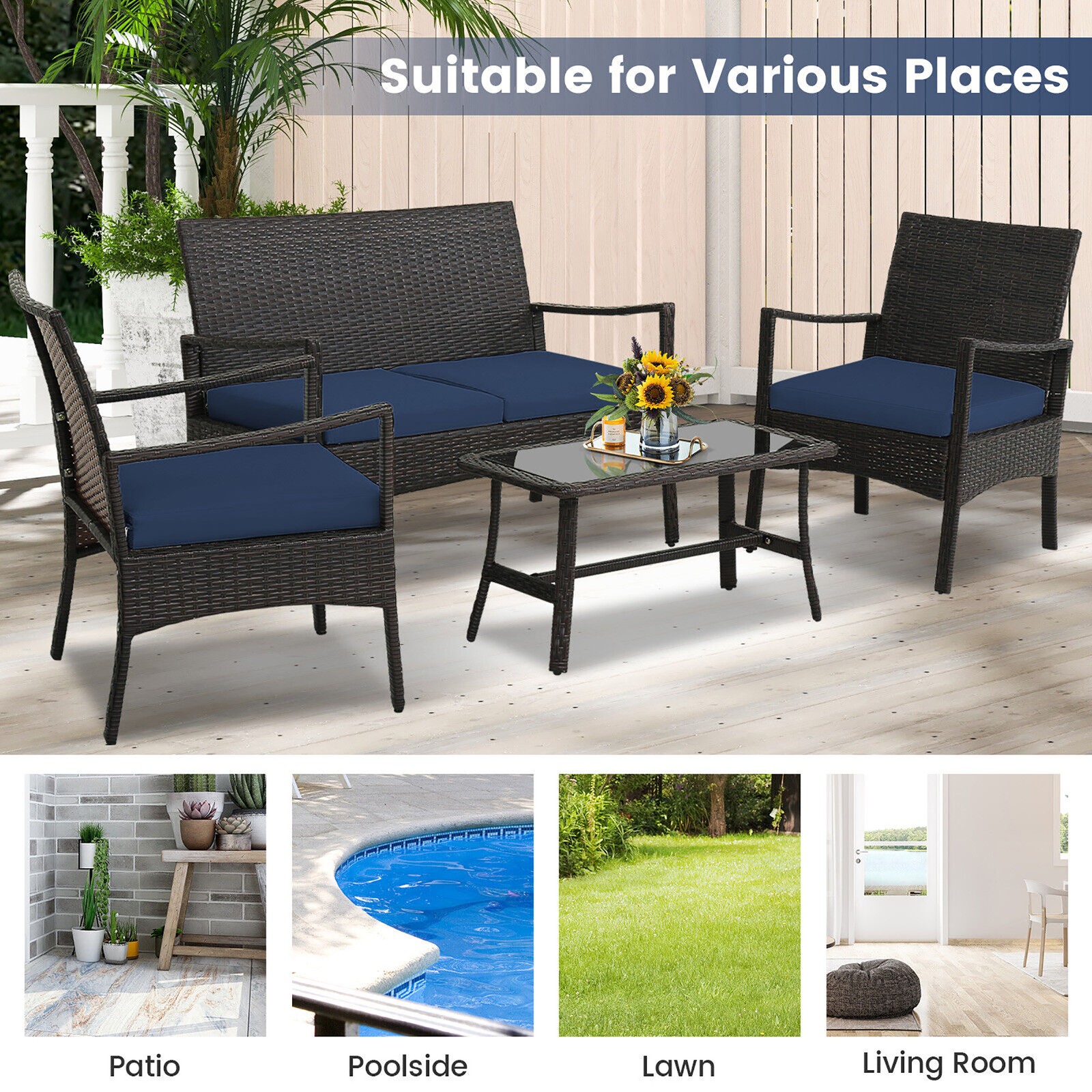 4 Pieces Patio PE Wicker Sofa w/Tempered Glass Coffee Table for Porch & Backyard