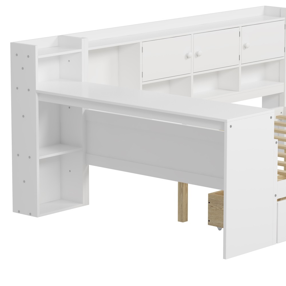 White L-Shape Daybed w/ Storage Cabinets & Desk, Twin Size
