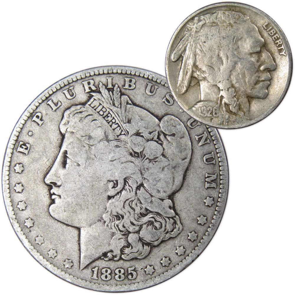 1885 O Morgan Dollar VG Very Good 90% Silver with 1926 Buffalo Nickel F Fine