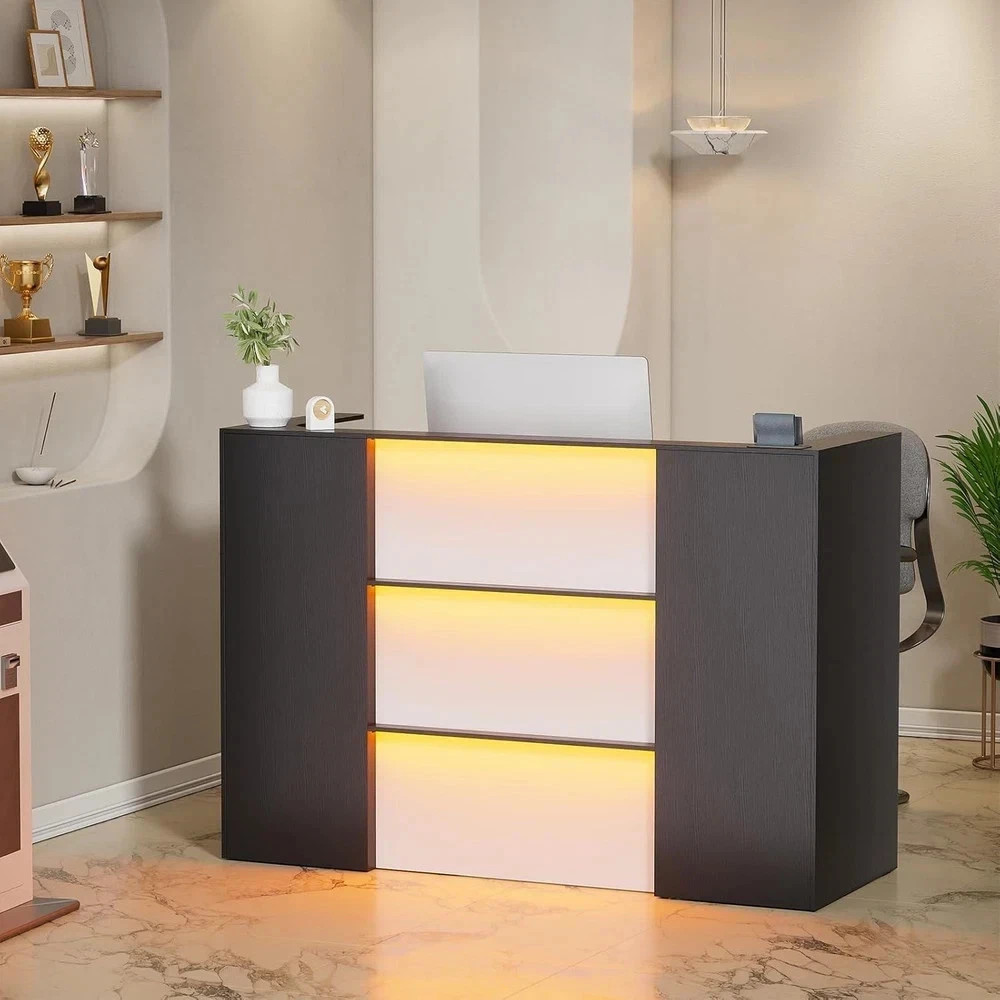 Modern Reception Desk with LED Lights 63 Inches Front Counter Table with Drawer