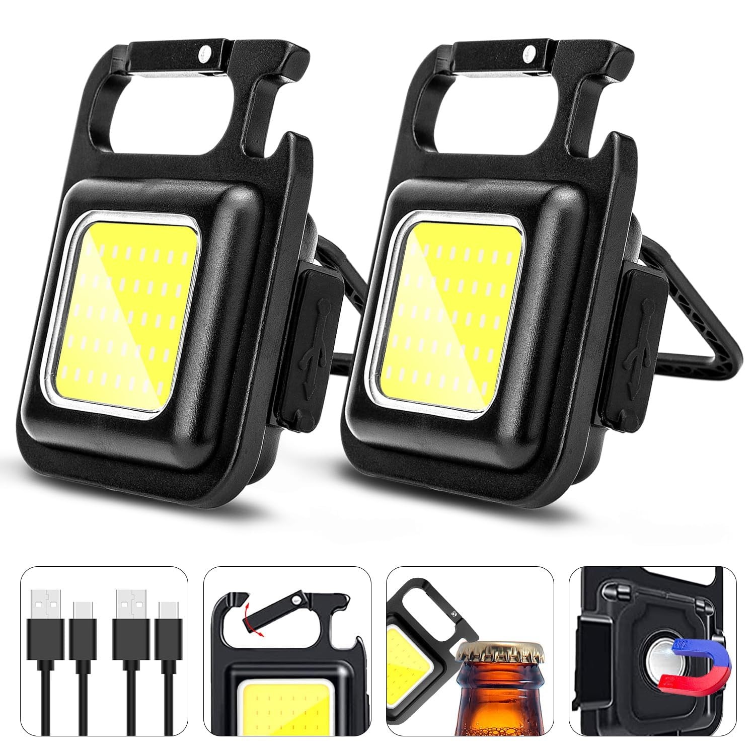 MAKDAK COB Rechargeable Keychain Flashlight 2Pack, High Lumen 2PC, Black