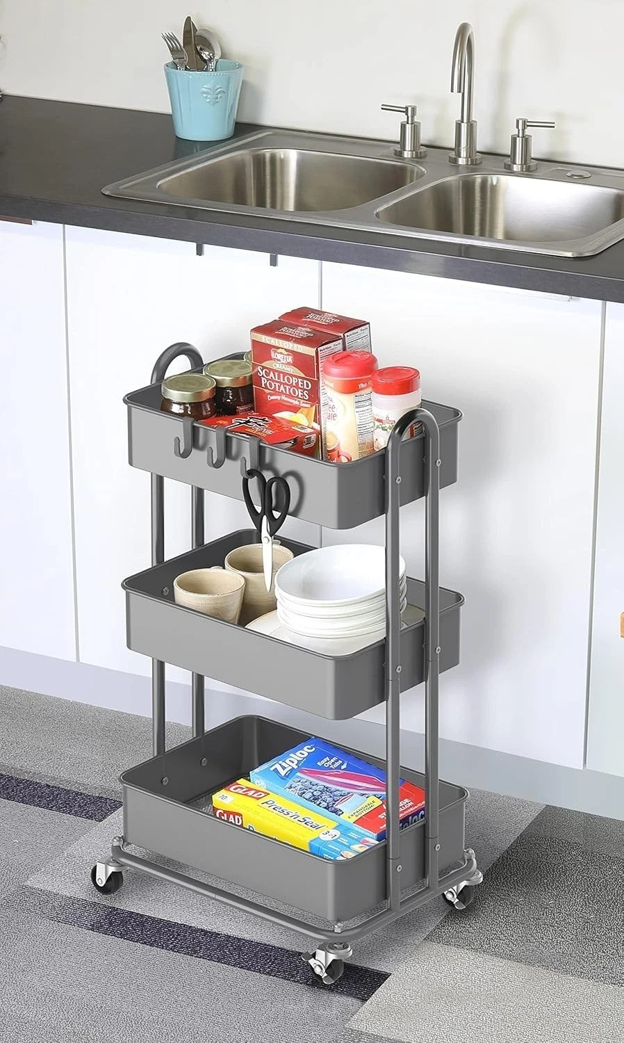 3-Tier Heavy Duty Metal Utility Rolling Cart, Silver