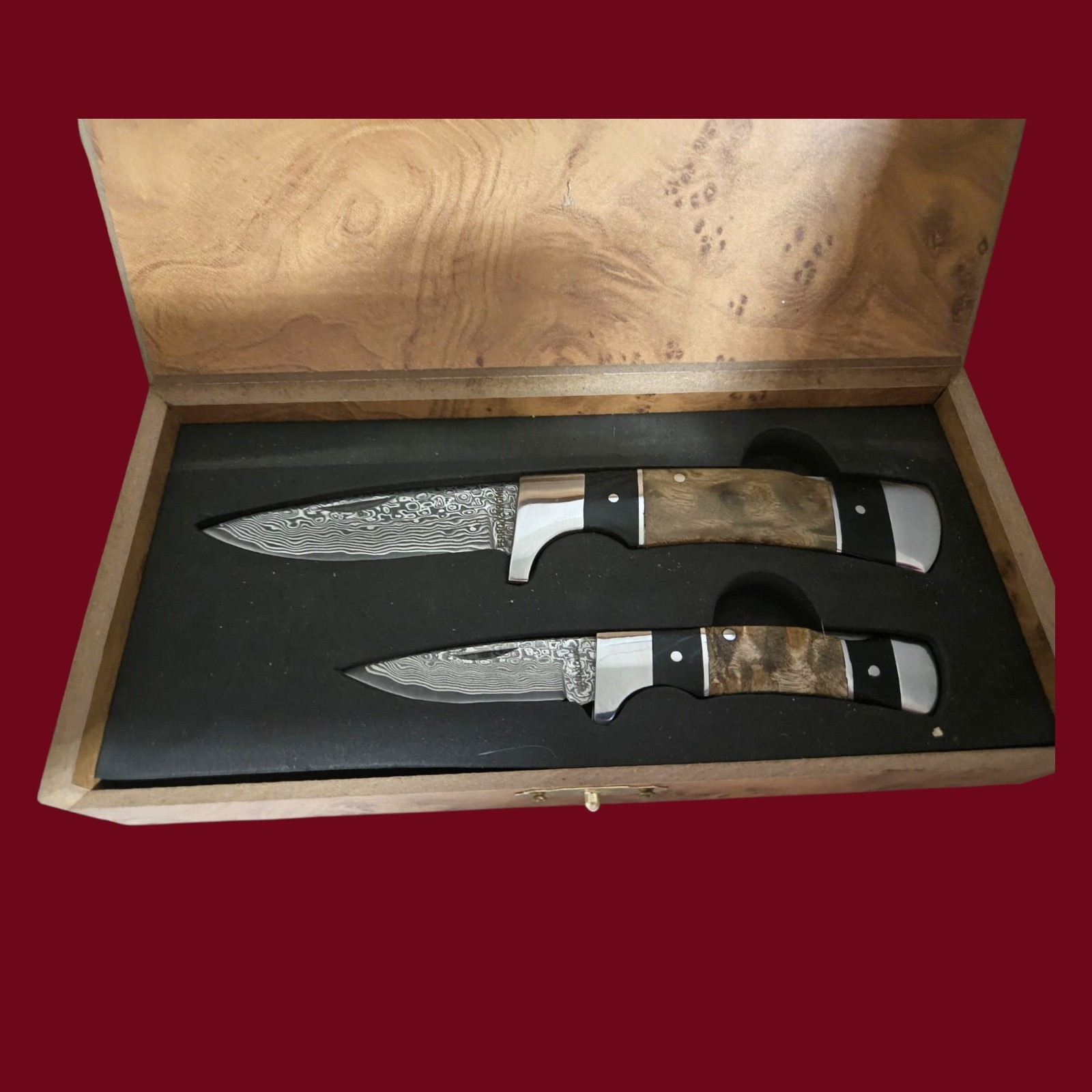 Lot of 2 Ferro & Crome Damascus Pocket Knives Lockback with Wood Box