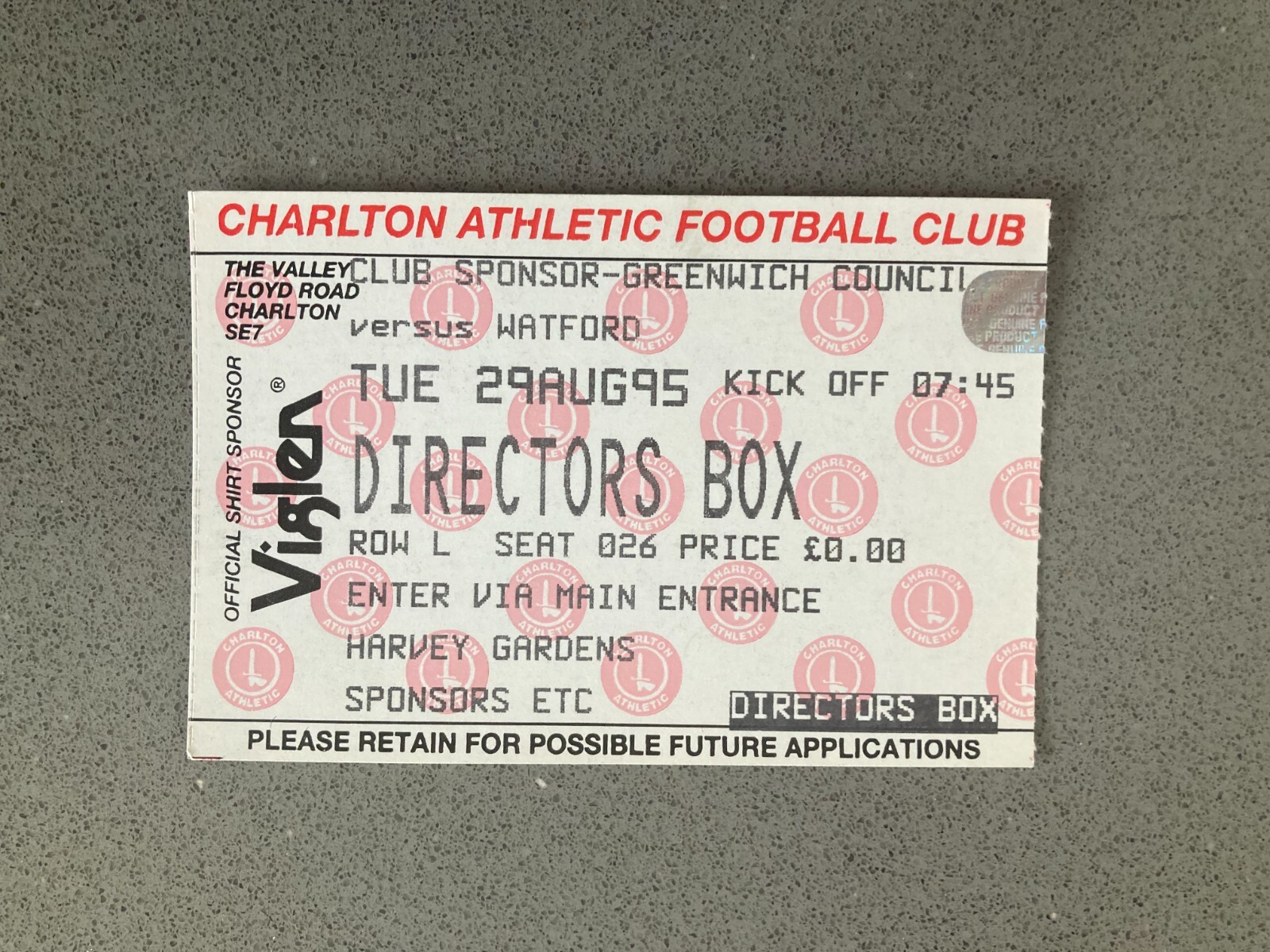 Charlton Athletic v Watford 1995-96 Match Ticket