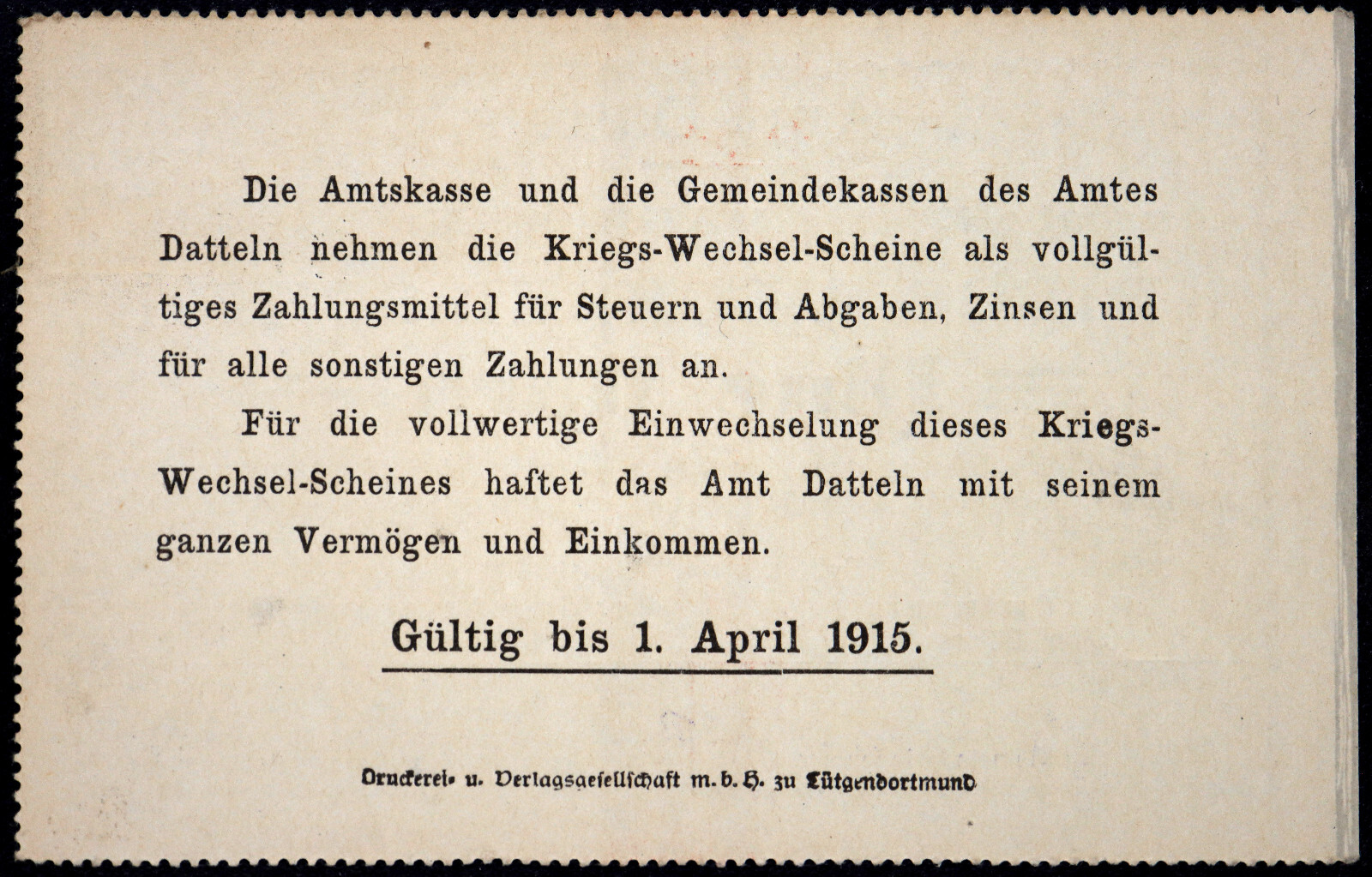 DATTELN 1914 1 Mark Early WWI German Notgeld