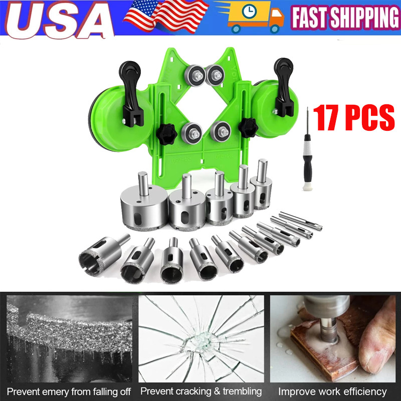 17 Diamond Hole Saw Drill Bit Tool Set Tile Glass Cut Double Suction Cups Guide