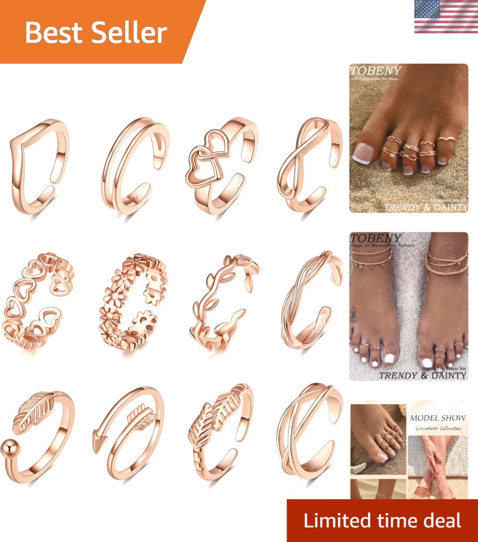 14K Gold Plated Women’s Toe Rings Set - Adjustable Styles for Every Occasion