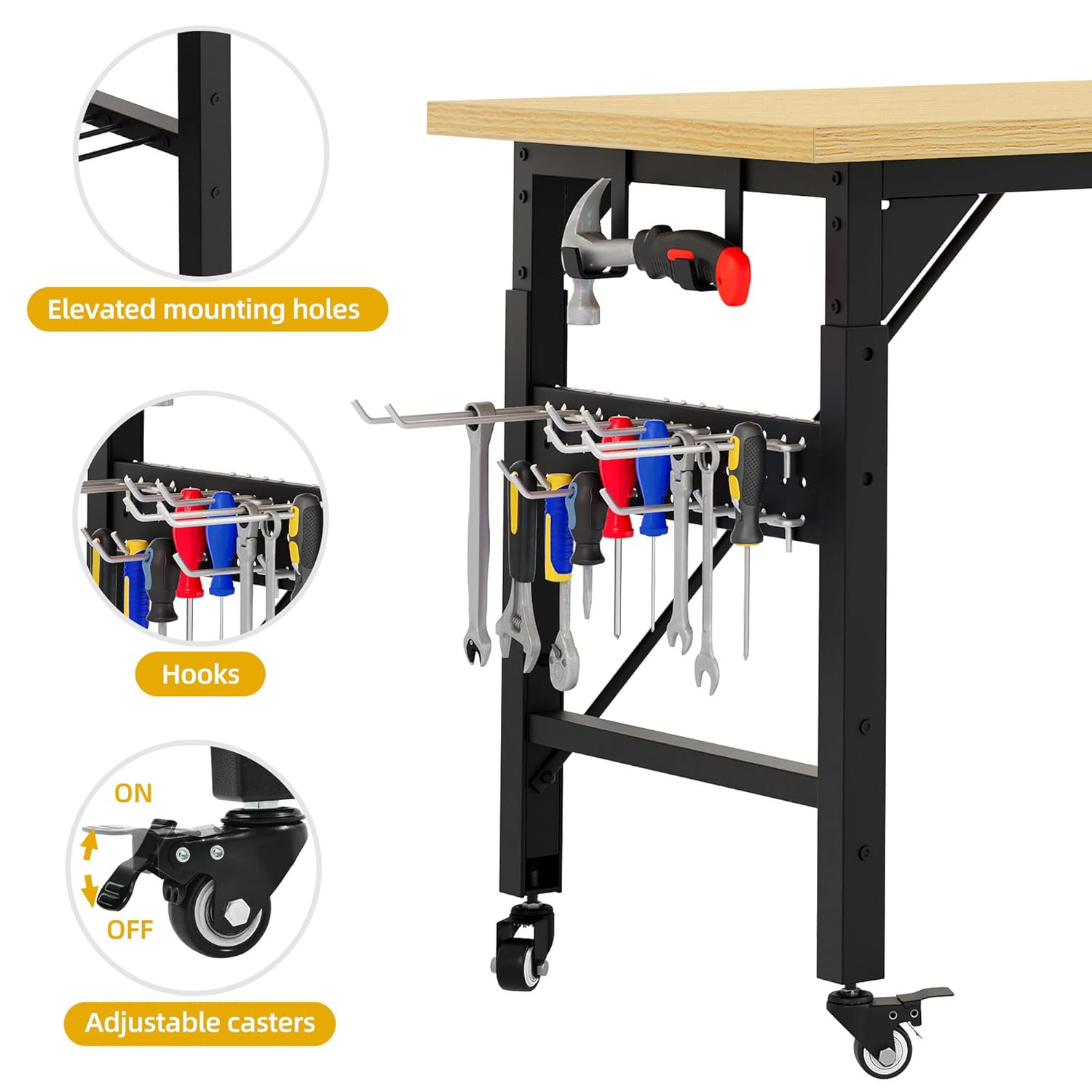 60" Adjustable Workbench on Wheels, Garage Tool Work Bench with Outlets & Wheels