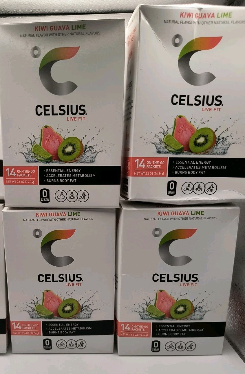 CELSIUS On-the-Go Drink Mix Powder Packets Kiwi Guava Lime 14 CT Ea Pack Of 4