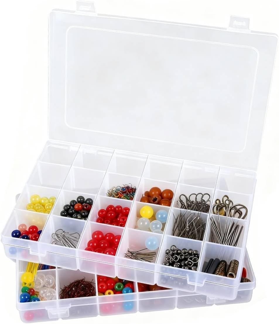 2Pack 24-Grid Clear Plastic Bead Organizer Box with Adjustable Dividers | Clear