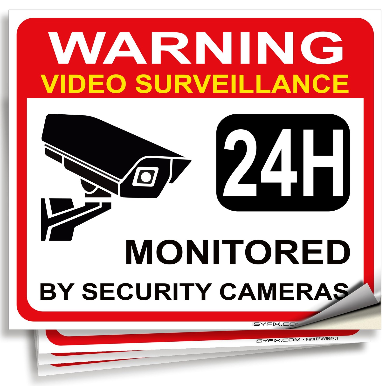 iSYFIX Video Surveillance Warning Sign Sticker, 7x6 Inch, 4 Pack | Premium Self-