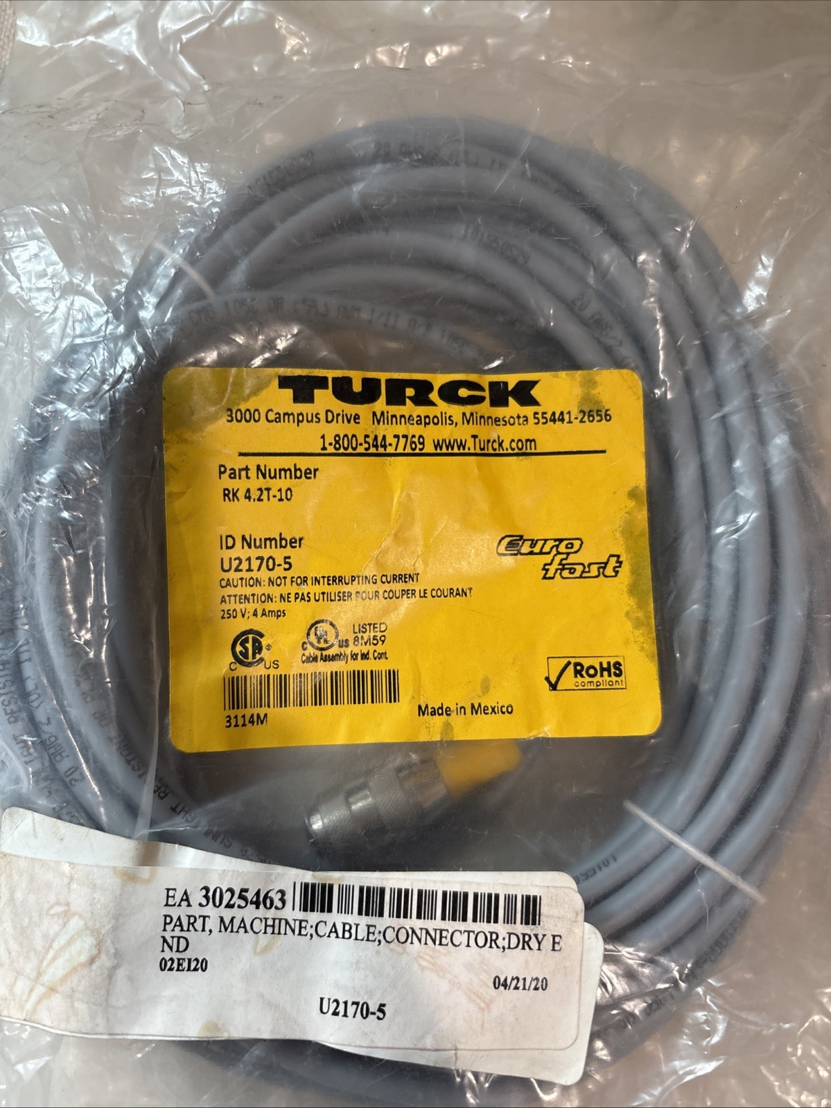 NEW TURCK RK 4.2T-10 STRAIGHT CORDSET CABLE U2170-5
