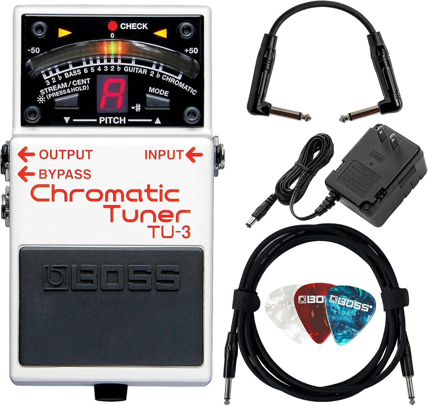 Boss TU-3 Chromatic Tuner Bundle Power Supply Cables Picks