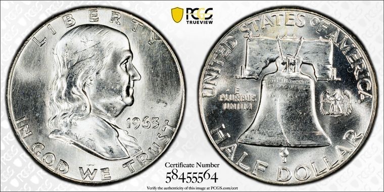 1963 P Franklin Half Dollar PCGS MS63 Frosty White