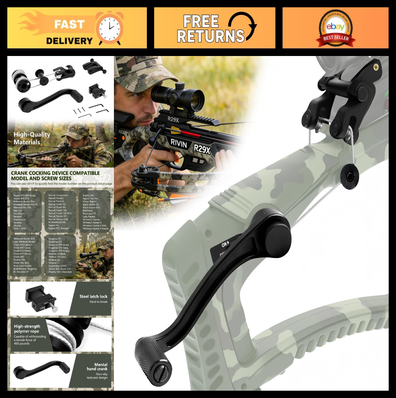 Upgraded Crossbow Crank Cocking Device, Reduces Cocking Resistance 93%, Ambidext