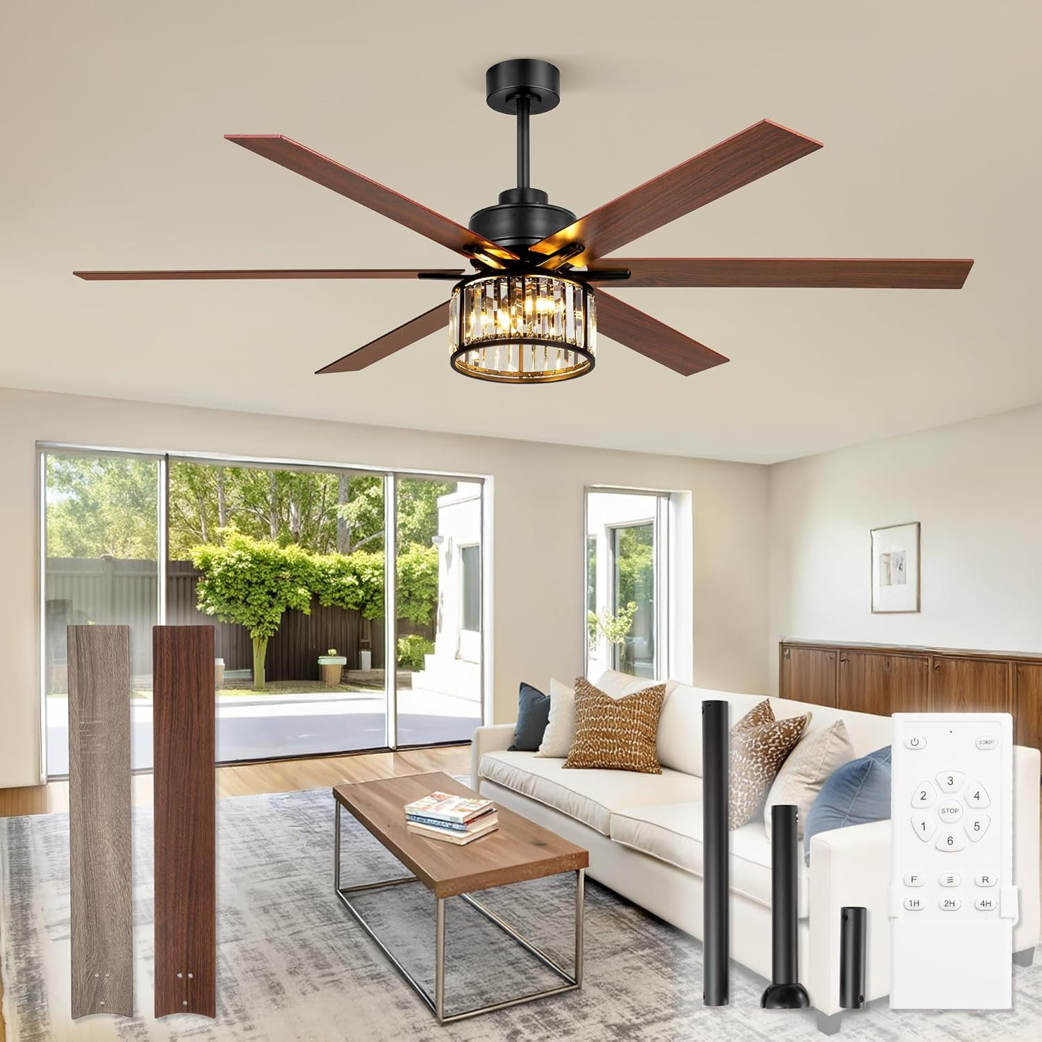65" Farmhouse Crystal Ceiling Fan with Remote, Quiet DC Motor & Wood Blades