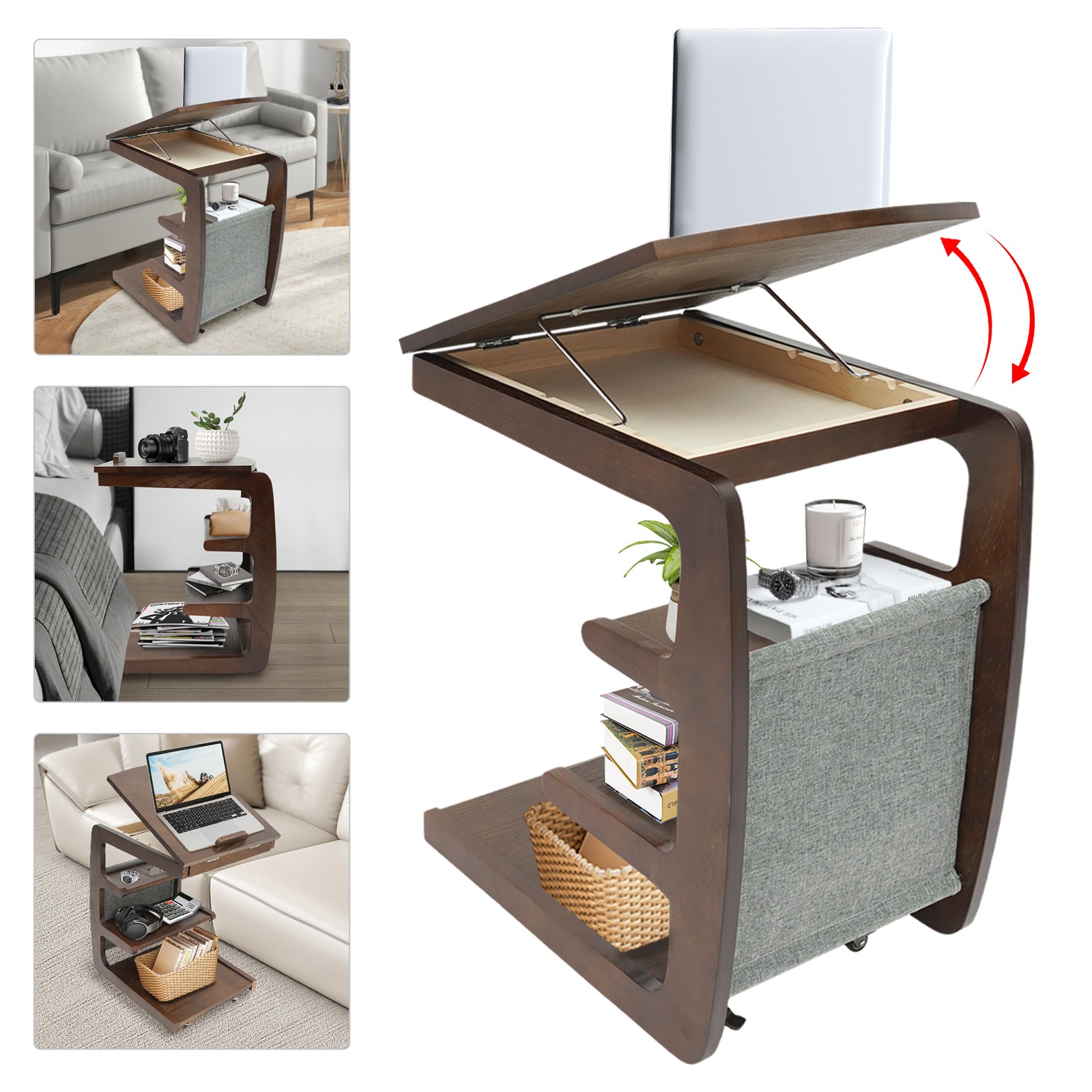 C-Shaped End Table 4-Tier Wooden Side Table Laptop Tray Coffee Table Couch Table