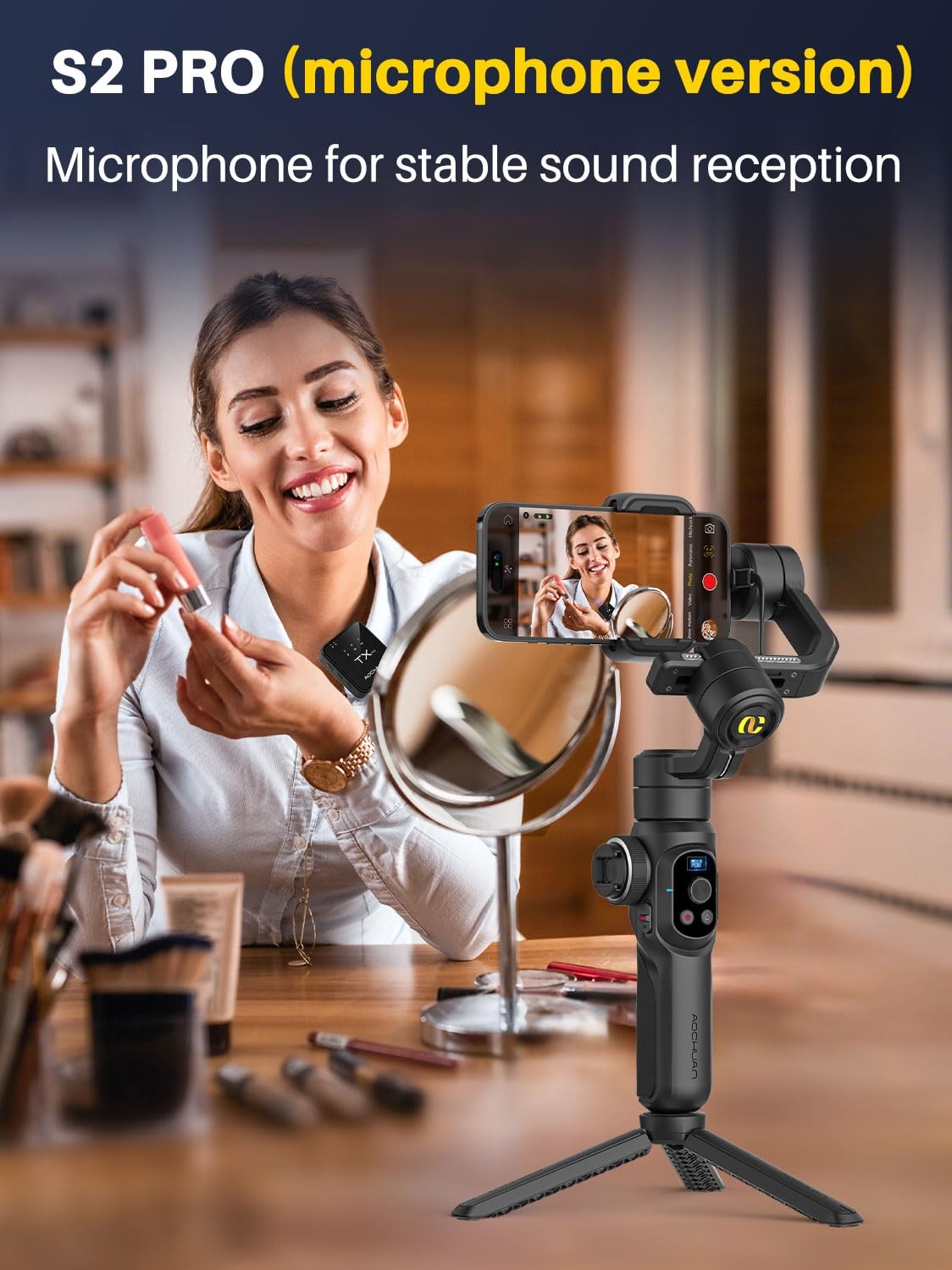 S2 Smartphone Gimbal Stabilizer w/Wireless Lavalier, Built-in 18cm Extension ...