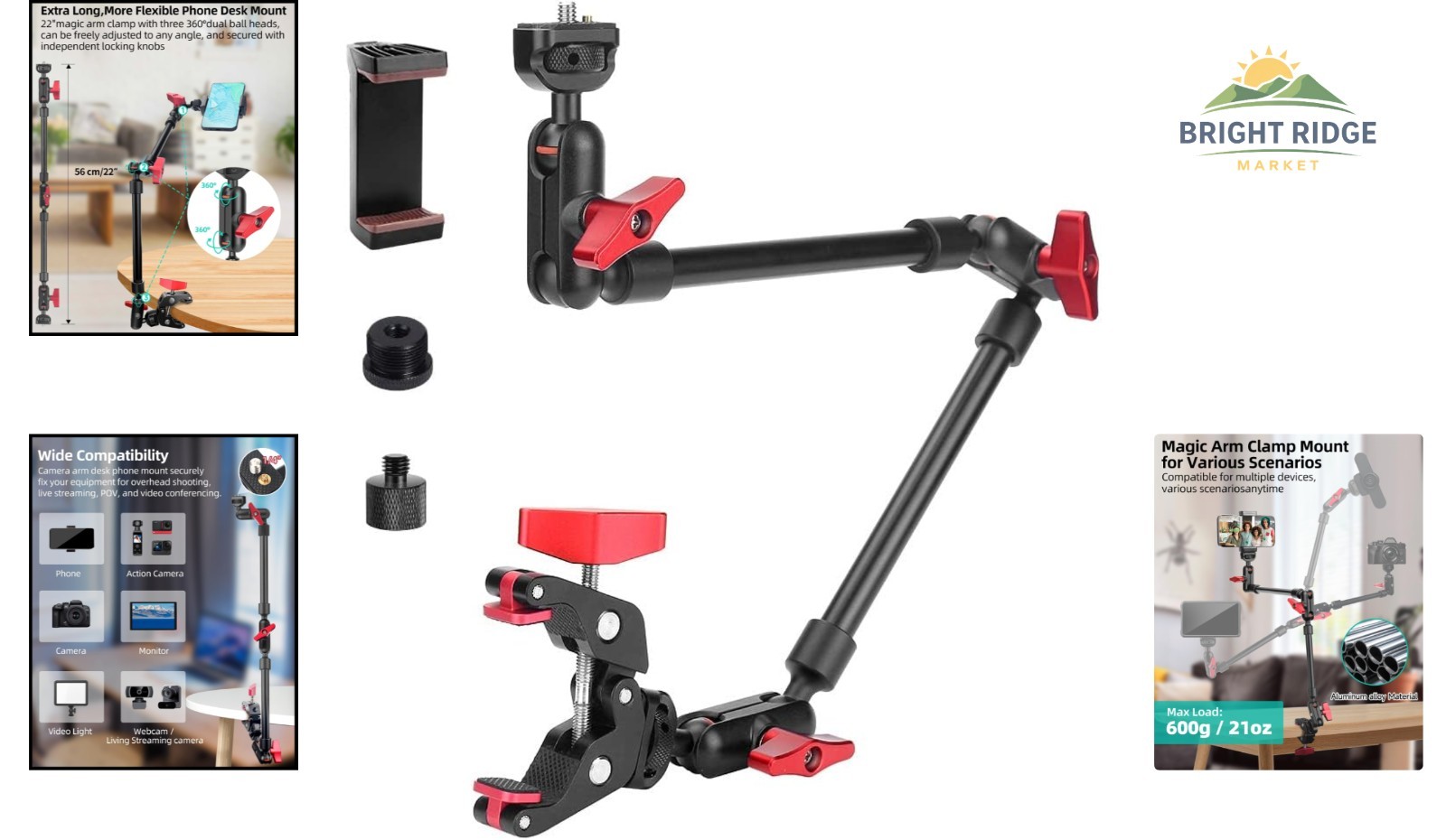 22" Adjustable Magic Arm with Clamp for Smartphone & Action Camera Mounting