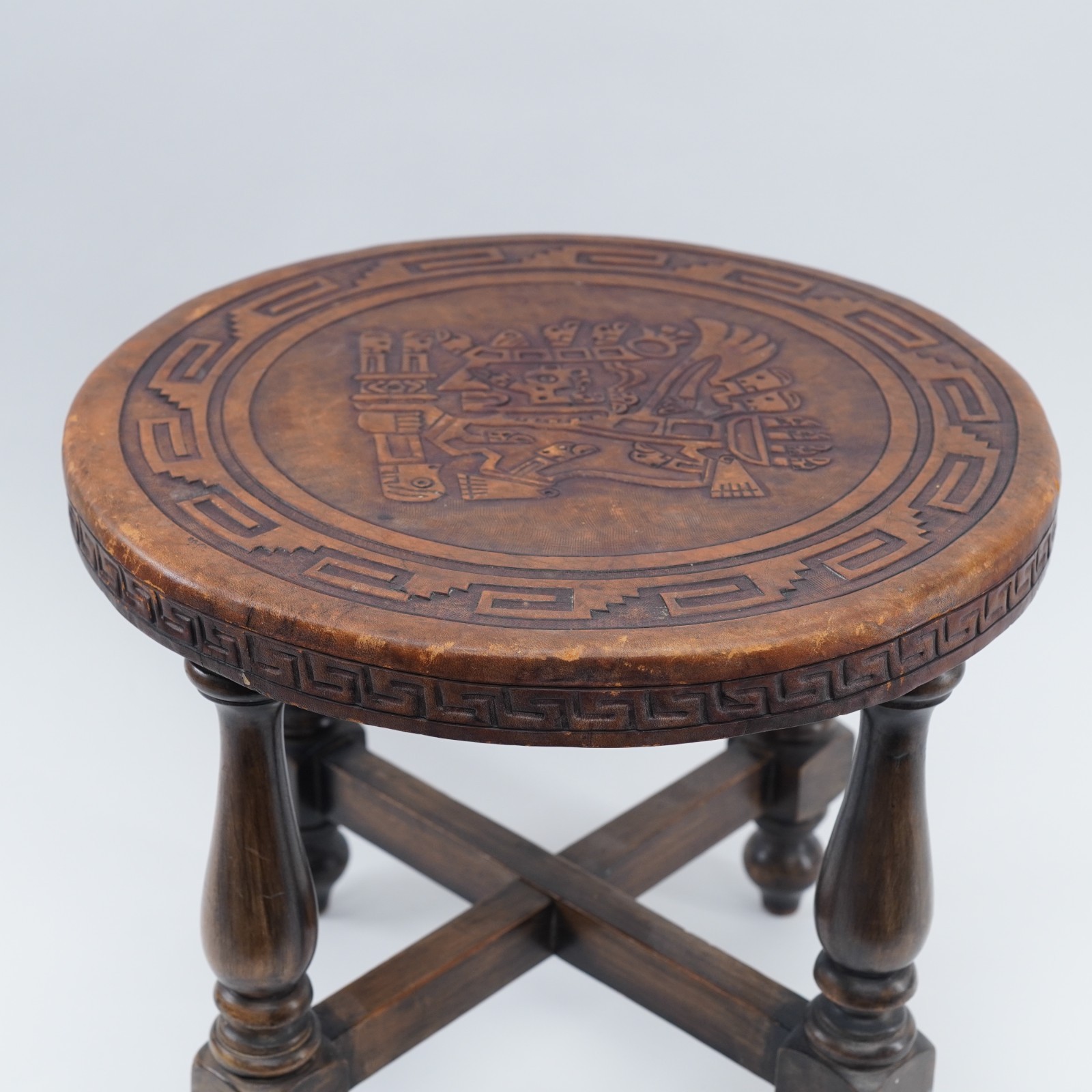 Hand Tooled Leather Top Wooden Stool Ottoman Ethnic Peru Mayan Aztec Warrior