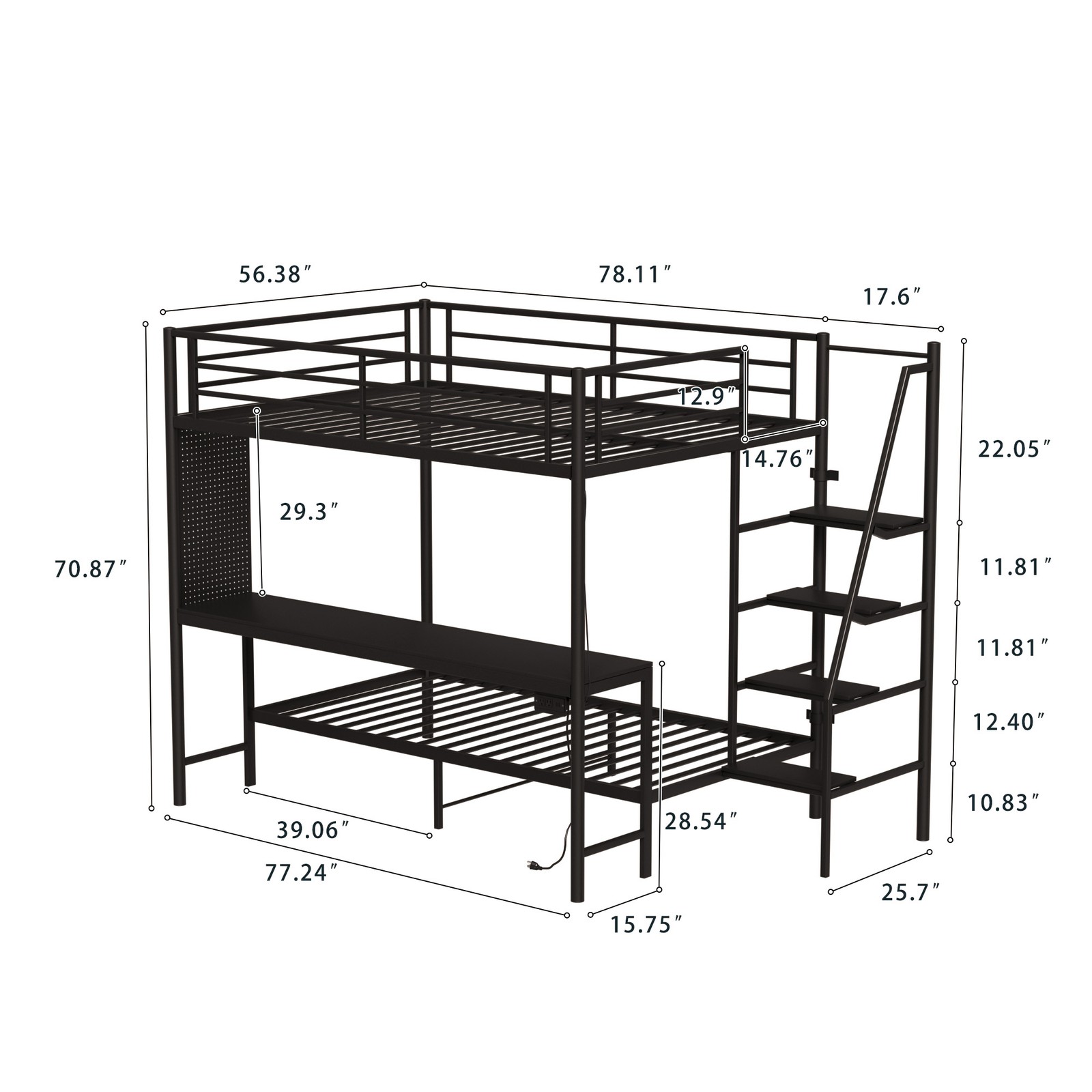 Modern Metal Bunk Bed Full Size Black Bed Frame w/LED light and Charging Socket