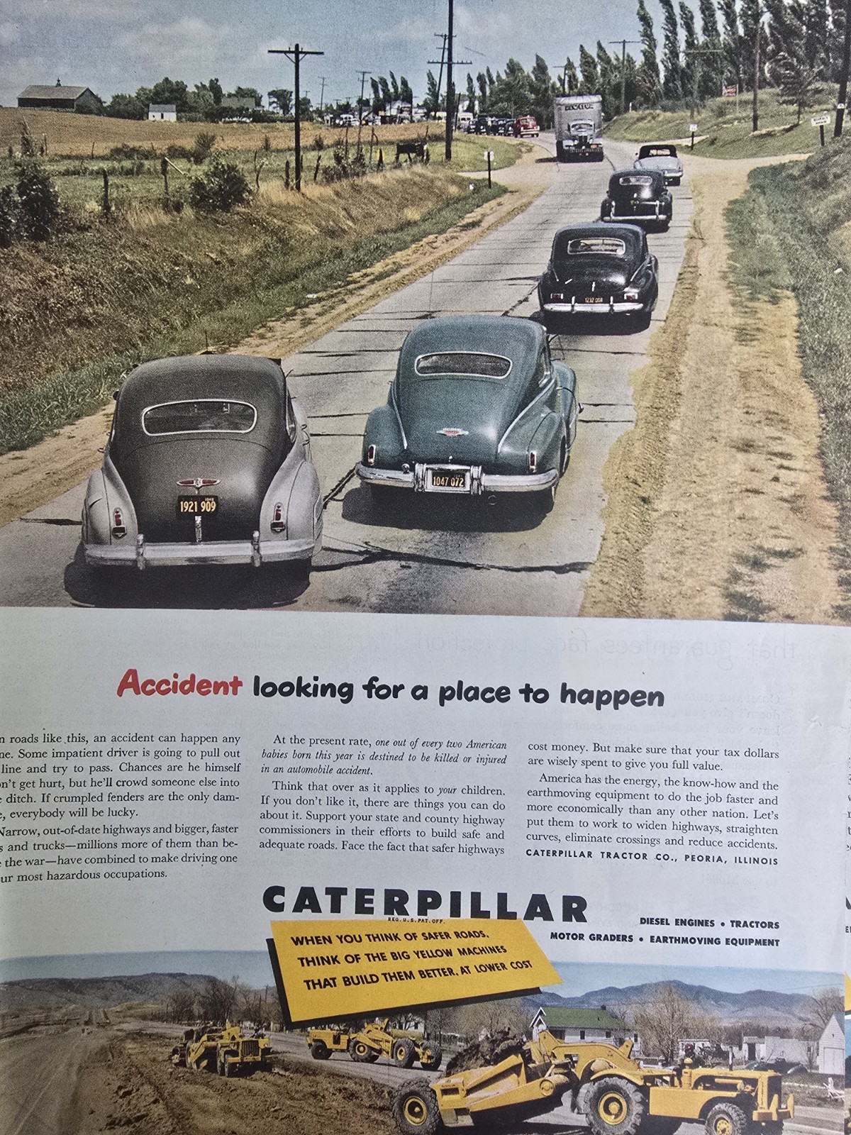 1950 Caterpillar Diesel Tractors Cars Highway Accident To Happen vintage Ad