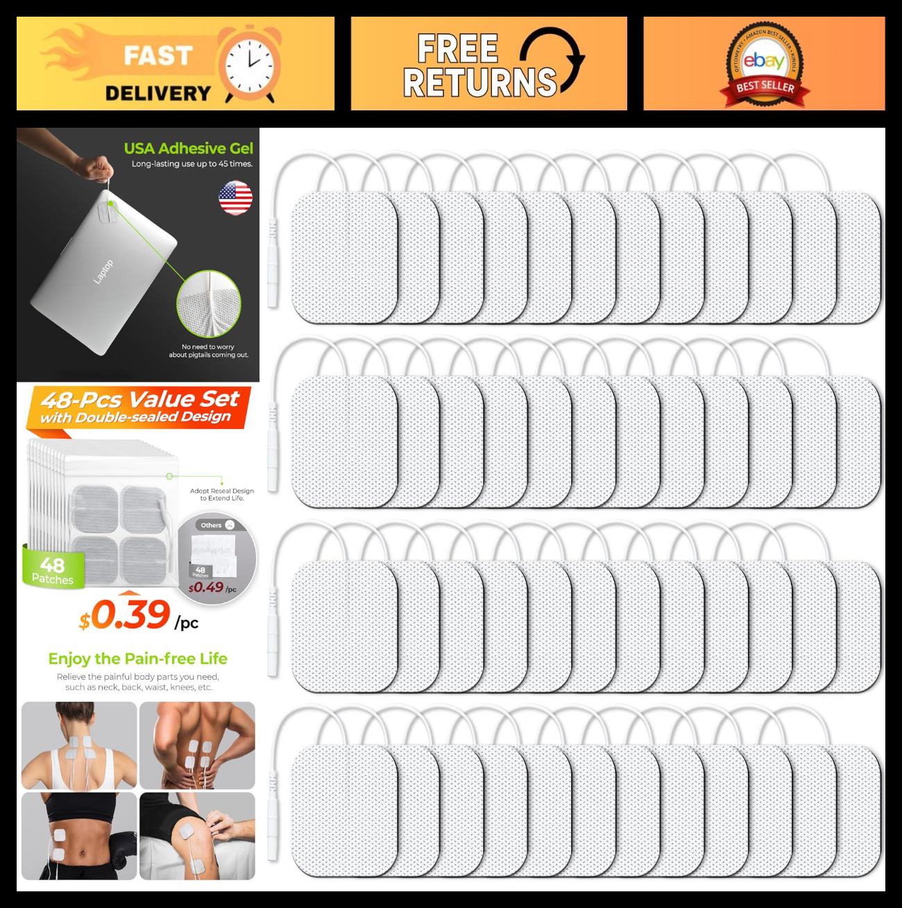 Reusable TENS Unit Electrode Pads 2"x2" - 48 Pcs, Latex-Free, Self-Adhesive, Com