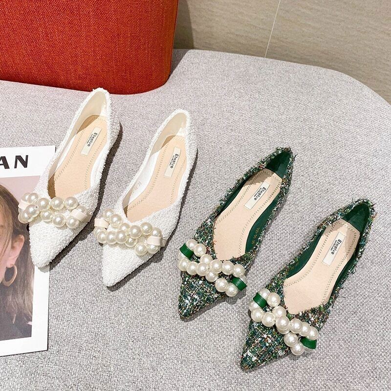 Flat Shoes Women Pearls Pointy Toe Green White Ballet Women Slip On Loafer Dress