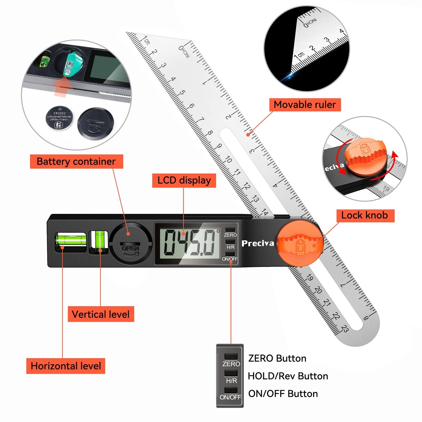 Tbevel Gauge & Protractor With Horizontal And Vertical Bubble0338เธ Digital ...