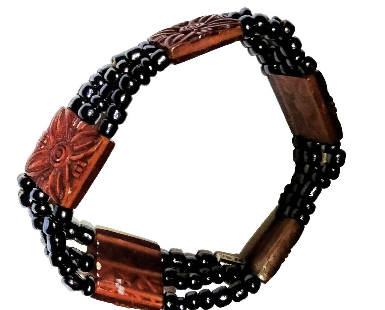 Brown Art Bead Bracelet Vintage Artisan Charcoal Iridescent Goth 7 inch Addams