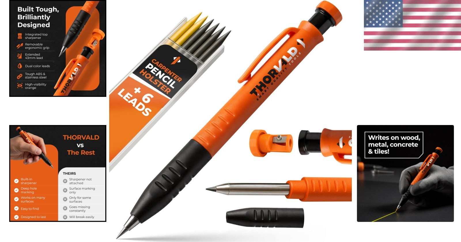 Professional 3-in-1 Carpenter Pencil - Fine Point, 7 Leads, Retractable Design