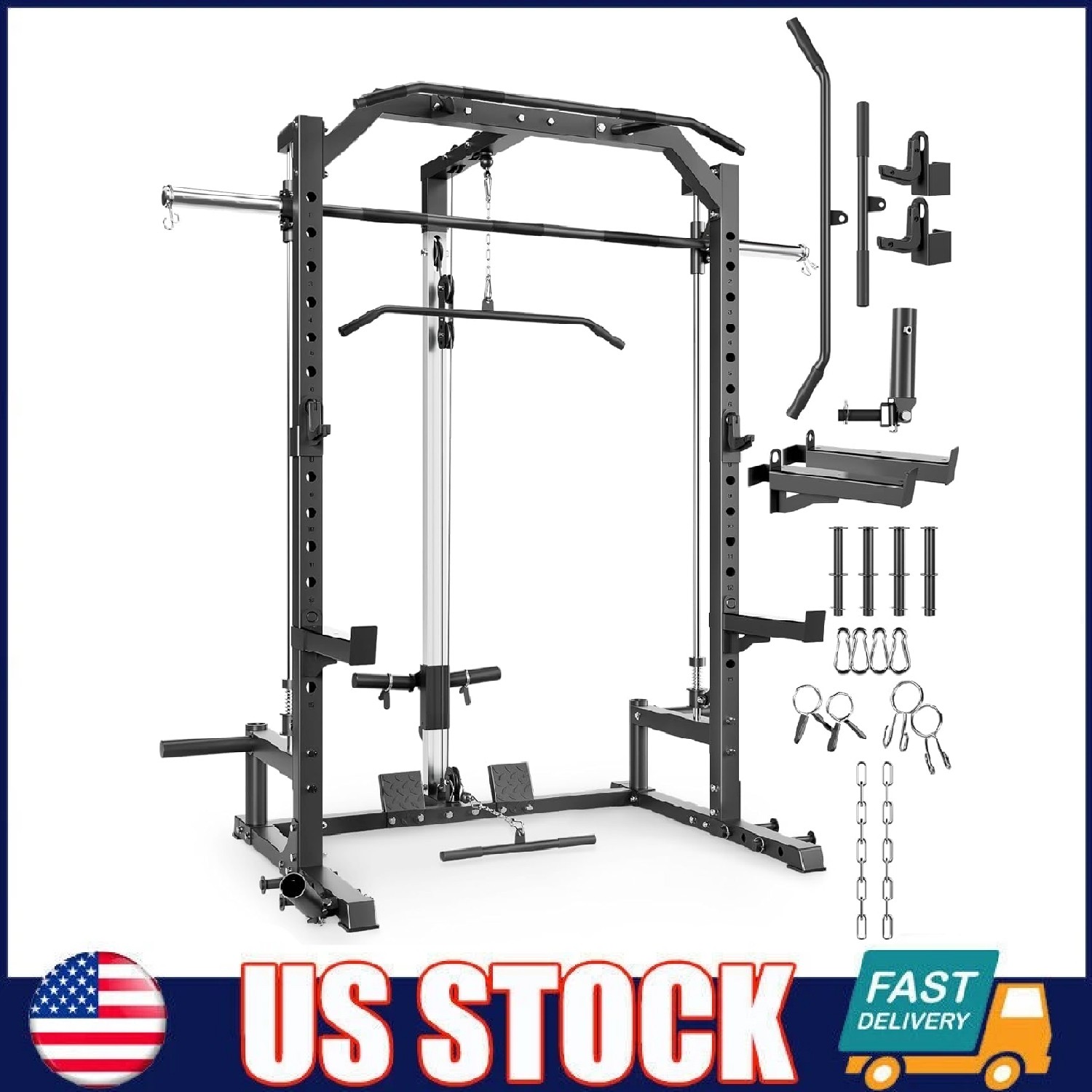 Smith Machine Power Cage w/ Barbell Bar, Cable System, LAT Pulldown for Home Gym