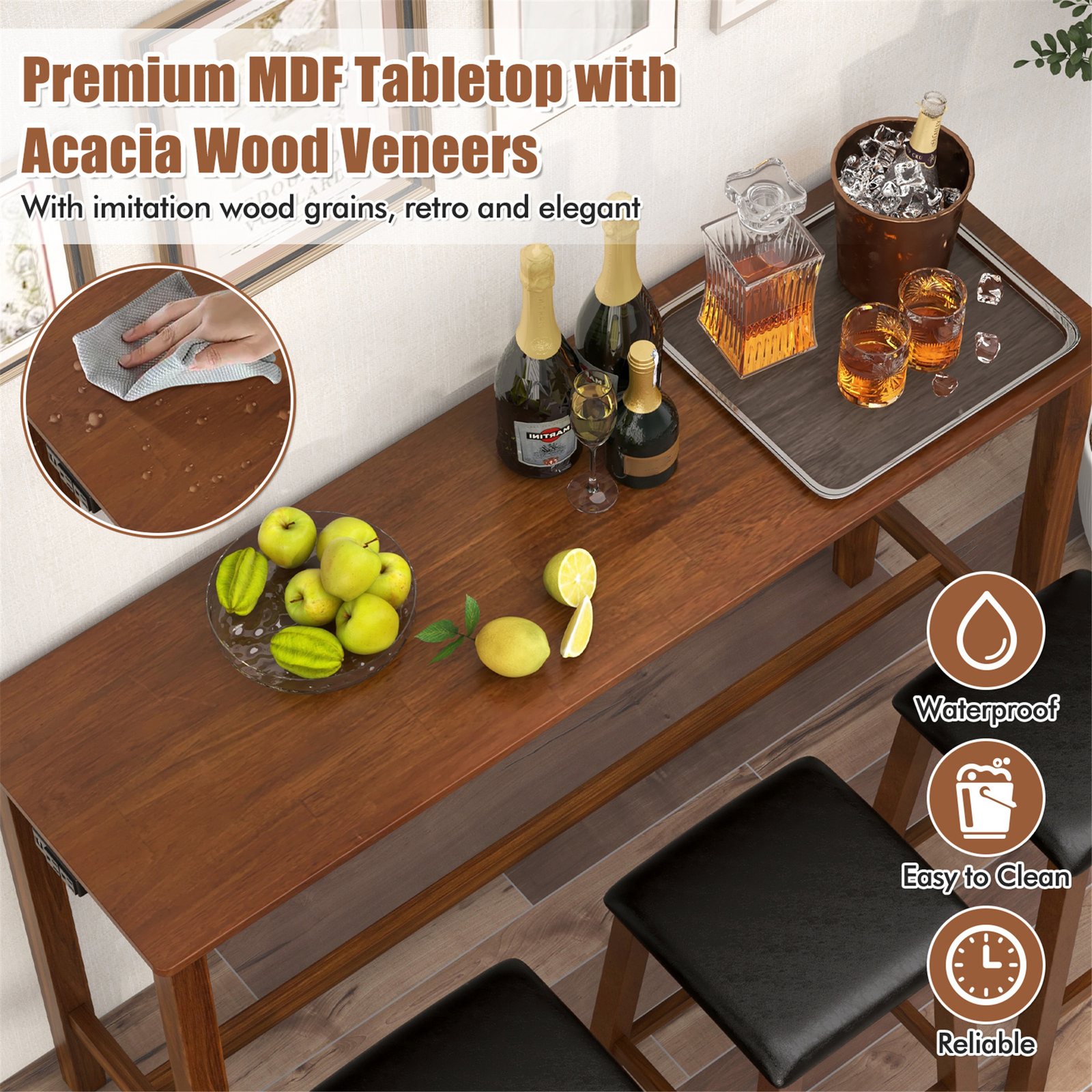 4-Piece Bar Table Set w/ Power Outlet Counter-Height Table & 3 Bar Stools