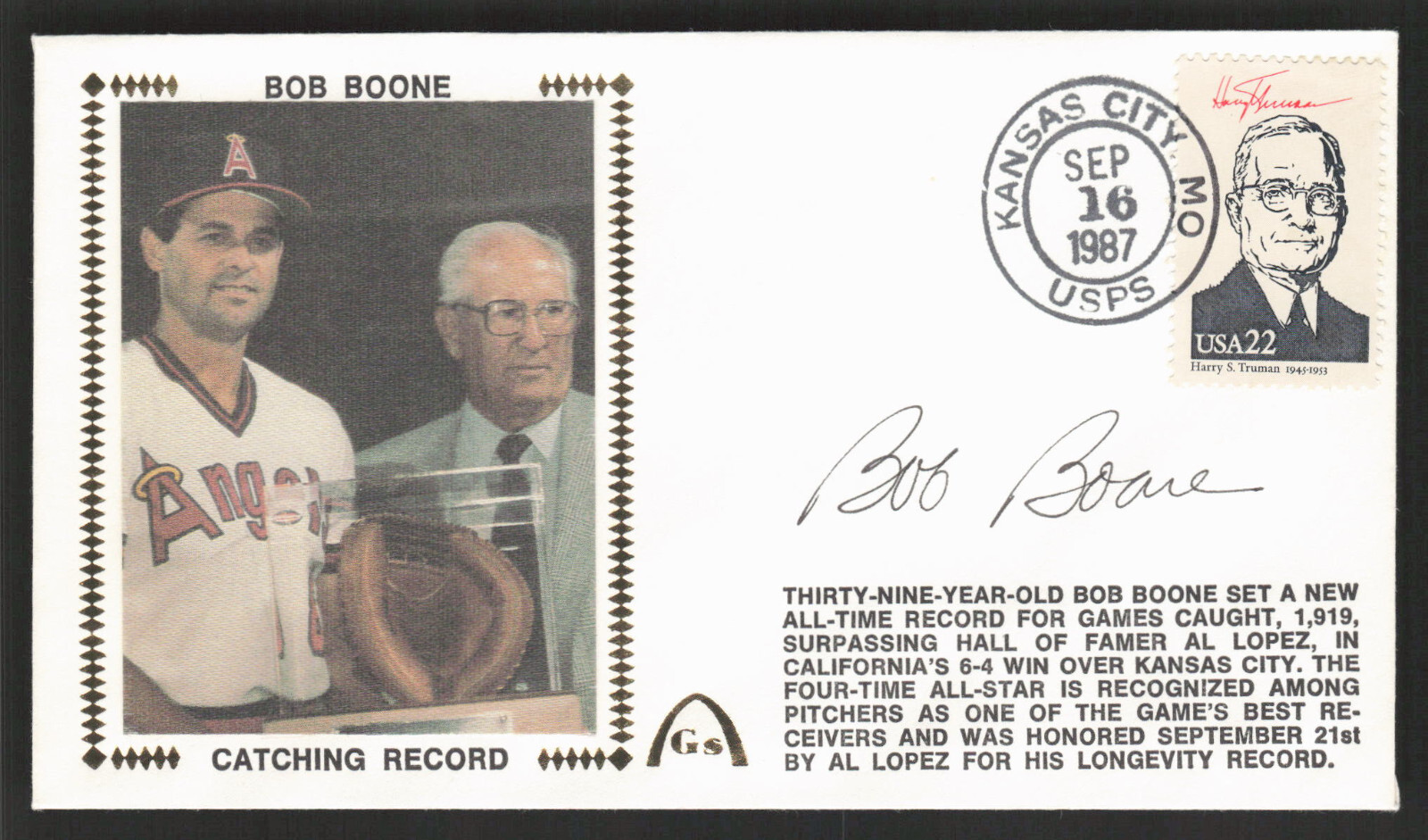 Bob Boone Catching Record Signed Gateway FDC Silk Cachet AUTO Angels 1987