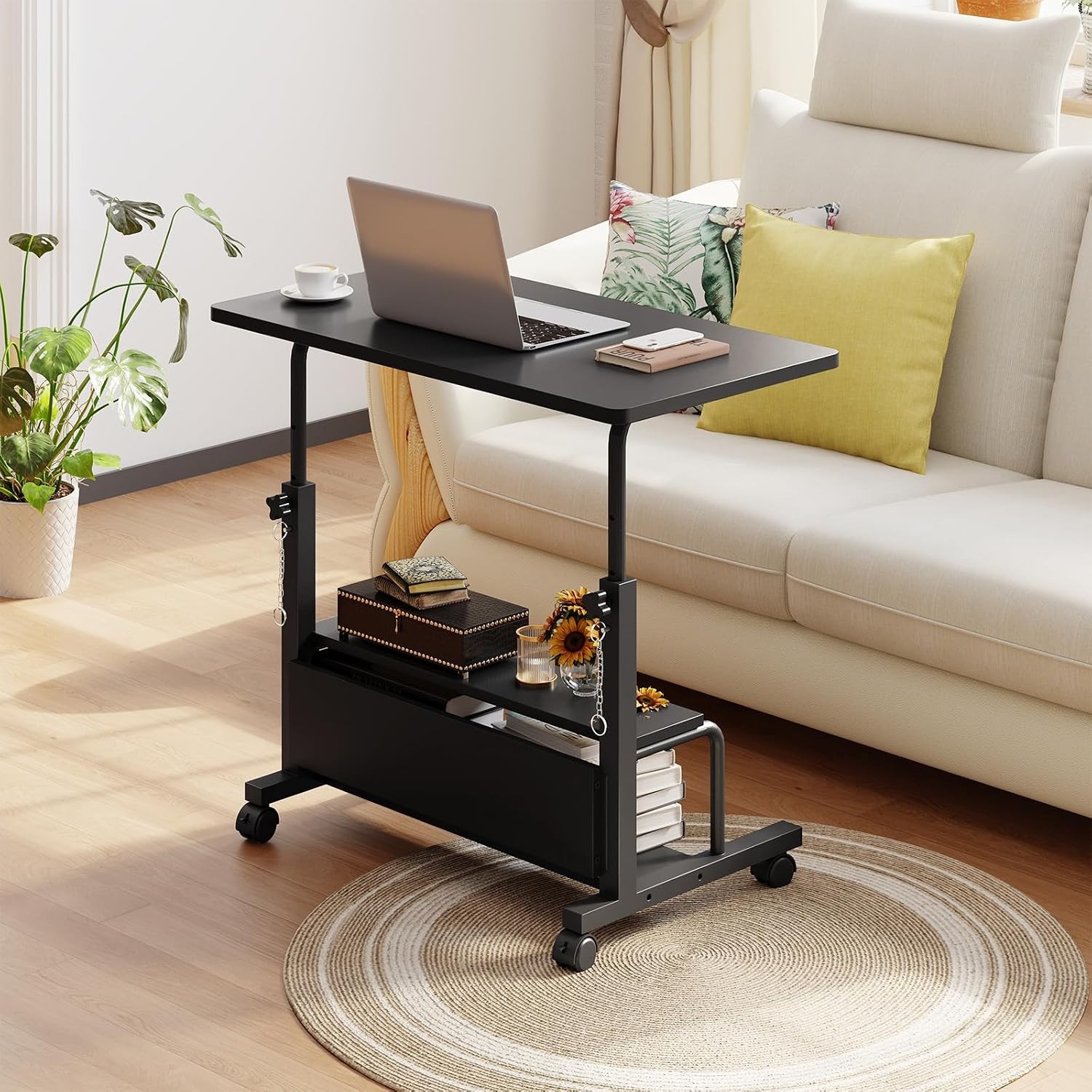 Height Adjustable Bedside Table Rolling Laptop Standing Desk w/2 Tier Storage