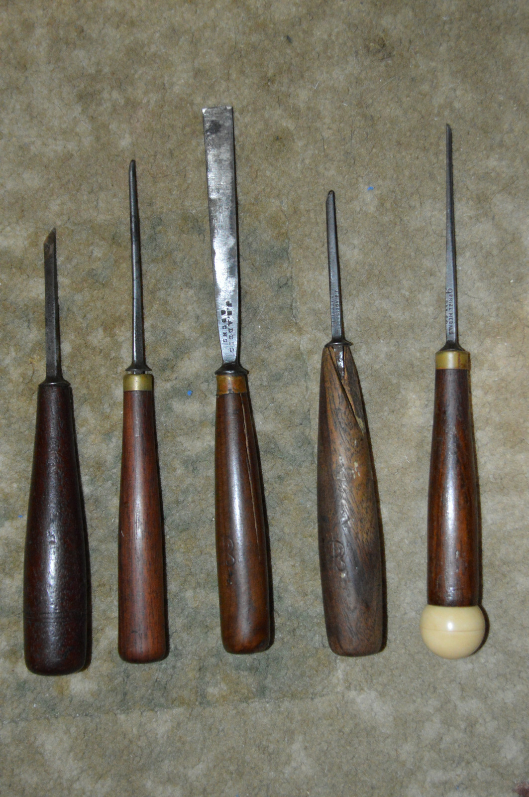 LOT OF 5 - S. J. ADDIS J. B. ADDIS VINTAGE WOOD CARVING TOOLS,  Vintage