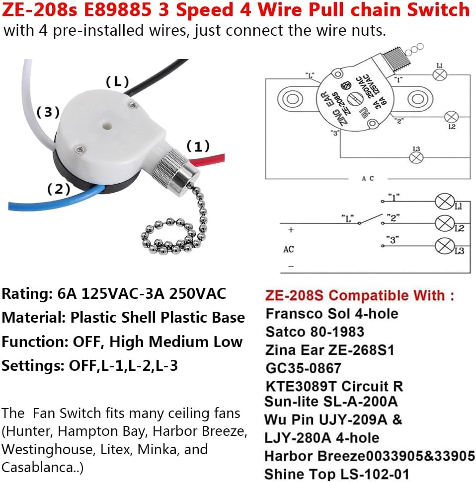 Ceiling Fan Switch Zing Ear Ze-208S E89885 3 Speed 4 Wire Pull Chain Switch Fan