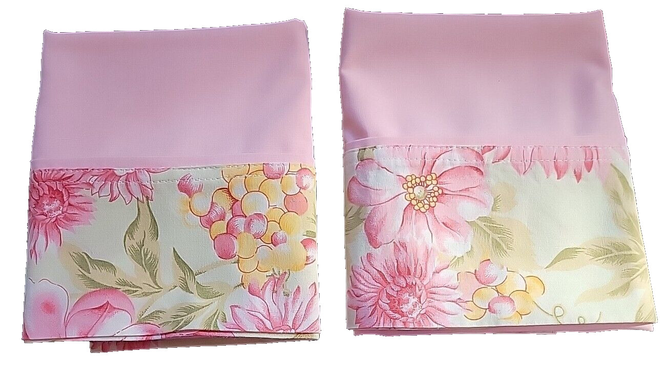 2 Lt Pink Pillowcases Trimed In Green, Pink, Yellow Floral Fabric.  19.5 X 31