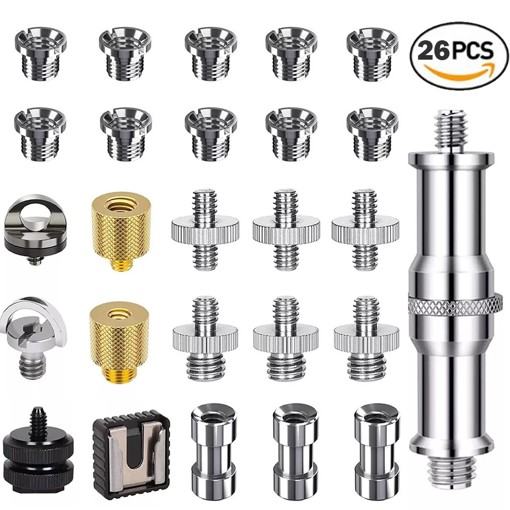 26PC 1/4" 3/8" Camera Tripod Converter Threaded Screws Mount Flash Adapter Set