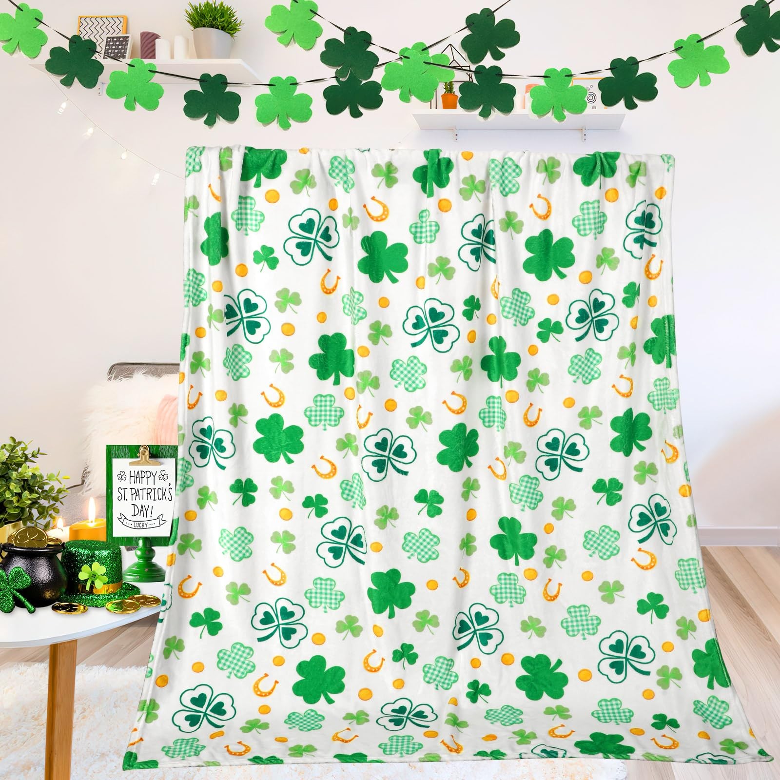 St Patrick's Day Blanket Shamrock Soft Flannel Throw Blanket 60 x 50 Inches S...