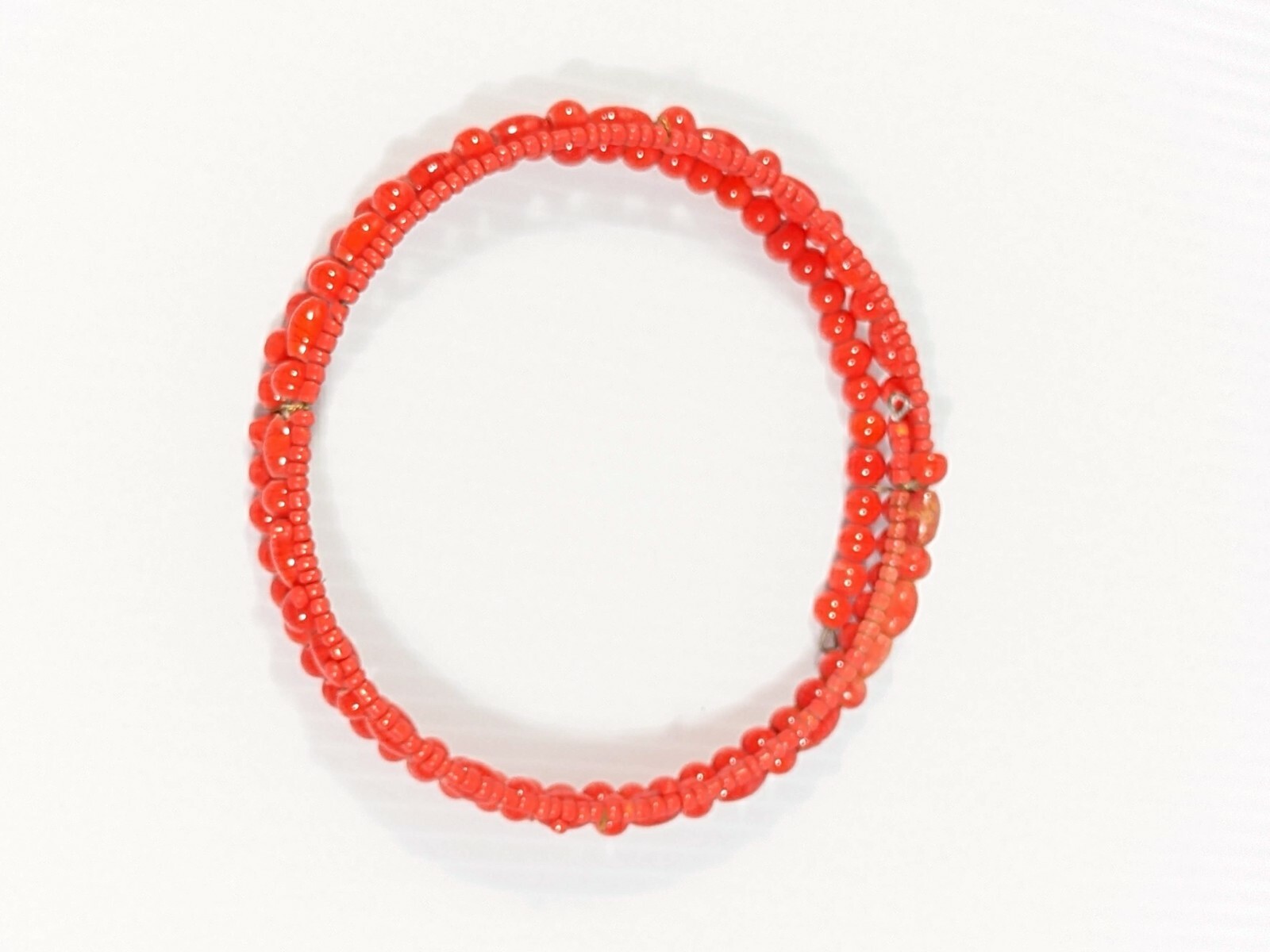 Artisan Red Glass Bead Tribal Style Three Row Bangle Bracelet 8.5 inches
