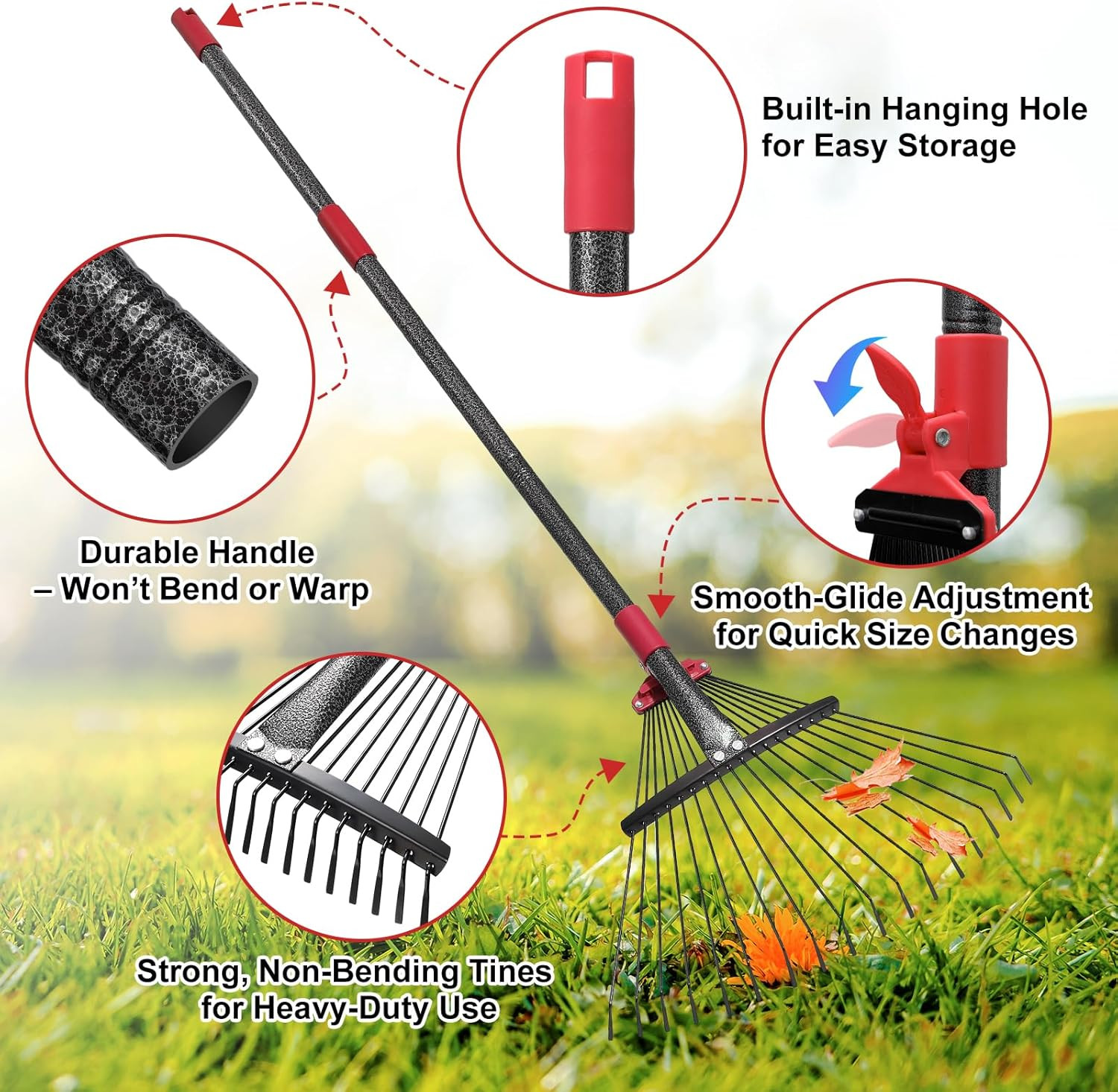 Collapsible Rake for Leaves - 70" Adjustable Long Handle Yard Rake, Expandable M